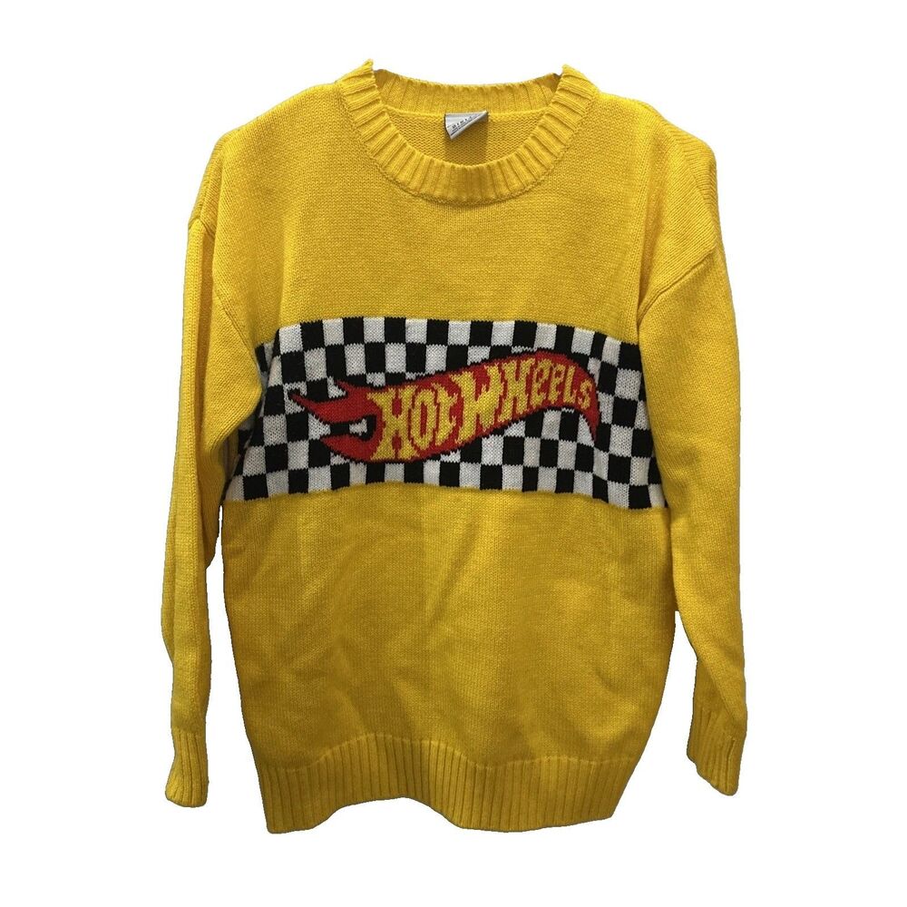 Hot Wheels Men's Yellow Knit Pullover Sweater Checkered Logo Crew Neck Small